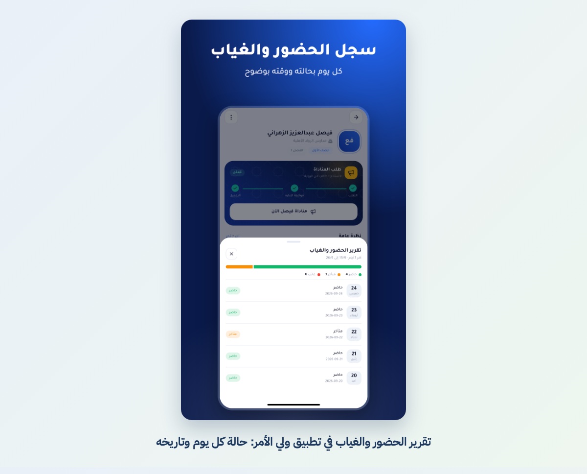 تقرير الحضور والغياب في تطبيق ولي الأمر: حالة كل يوم وتاريخه