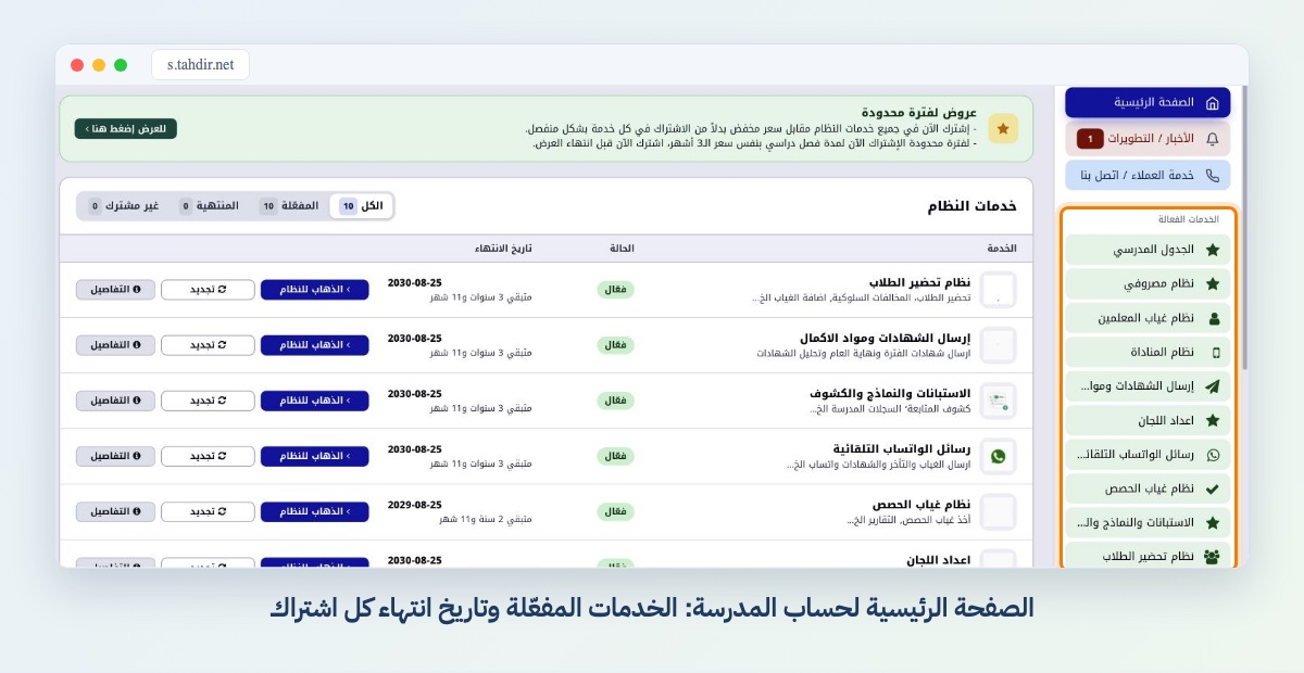 الصفحة الرئيسية لحساب المدرسة: الخدمات المفعّلة وتاريخ انتهاء كل اشتراك