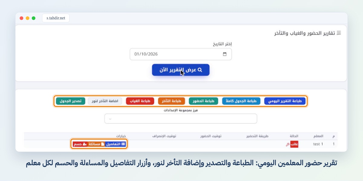 تقرير حضور المعلمين اليومي: الطباعة والتصدير وإضافة التأخر لنور، وأزرار التفاصيل والمساءلة والحسم لكل معلم